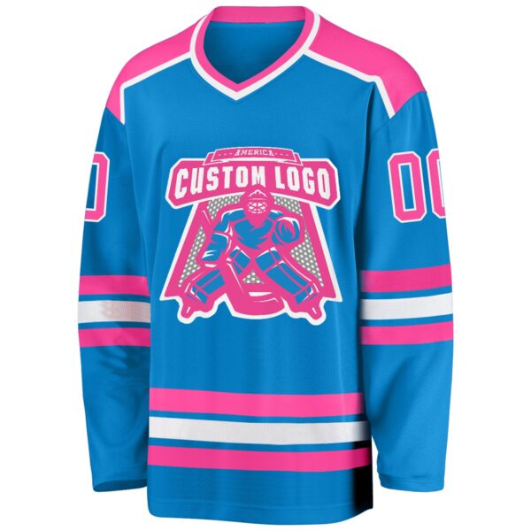 Custom Blue Pink-White Hockey Jersey - Image 2
