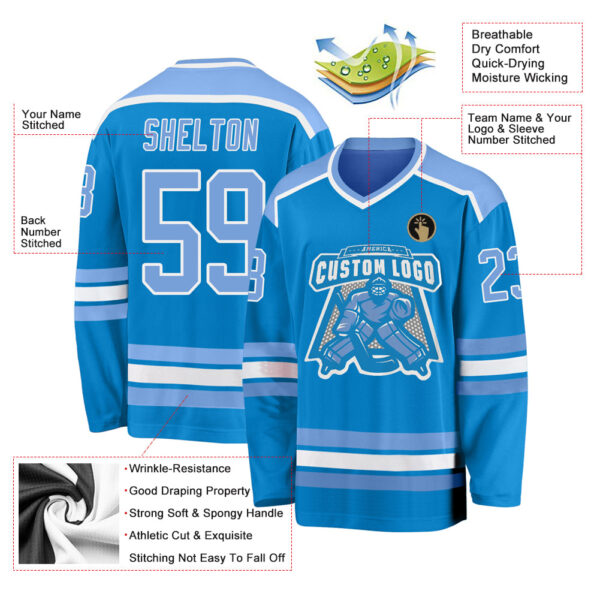 Custom Blue Light Blue-White Hockey Jersey - Image 3