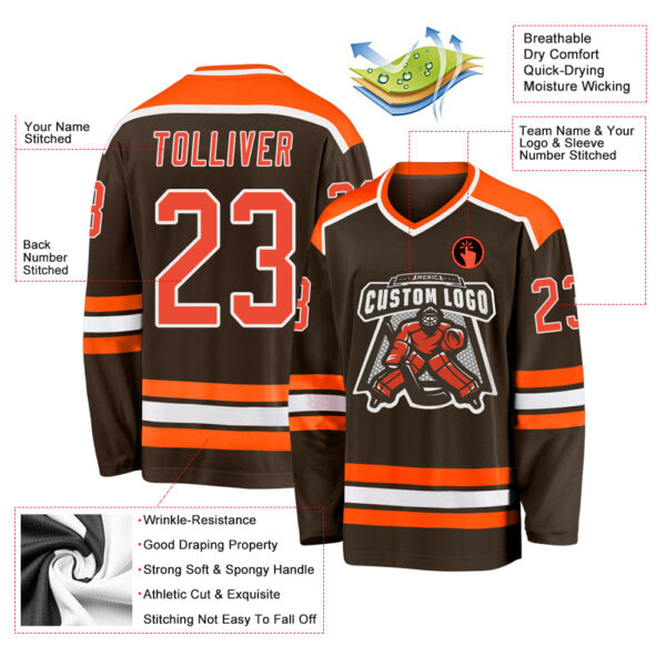 Custom Brown Orange-White Hockey Jersey - Image 3