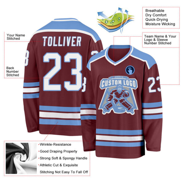 Custom Burgundy White-Light Blue Hockey Jersey - Image 3