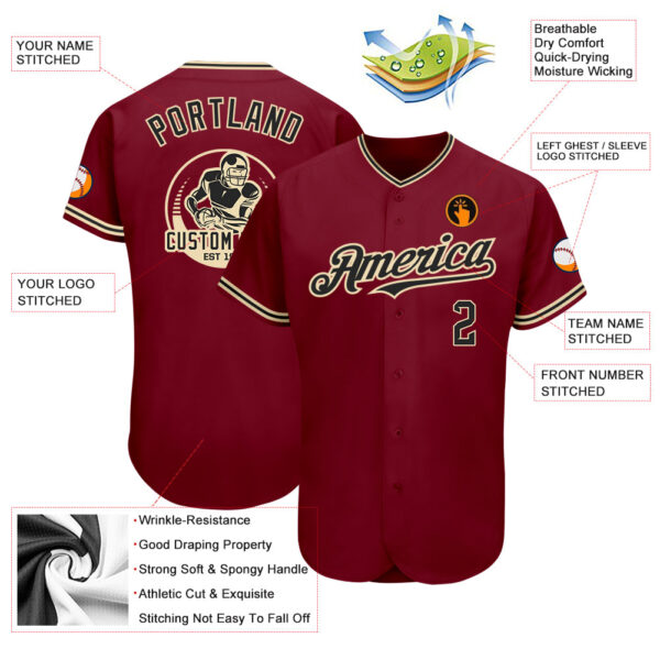 Custom Crimson Black-City Cream Authentic Baseball Jersey - Image 3