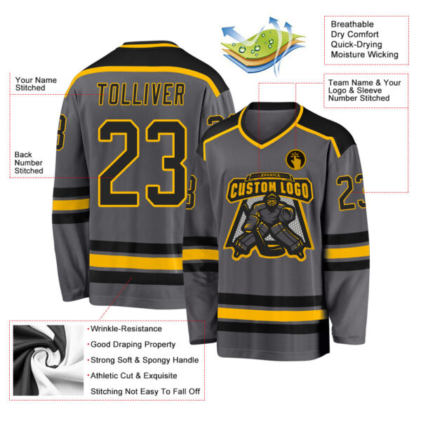 Custom Steel Gray Black-Gold Hockey Jersey - Image 3