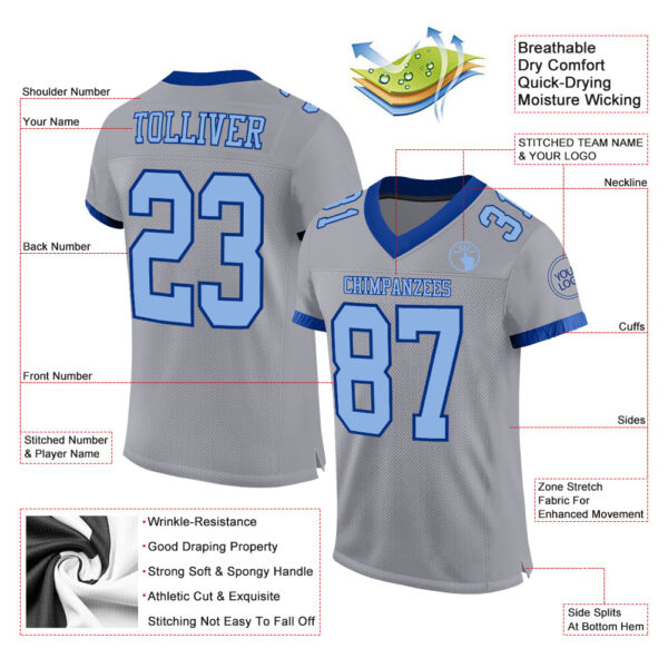 Custom Gray Light Blue-Royal Mesh Authentic Football Jersey - Image 2