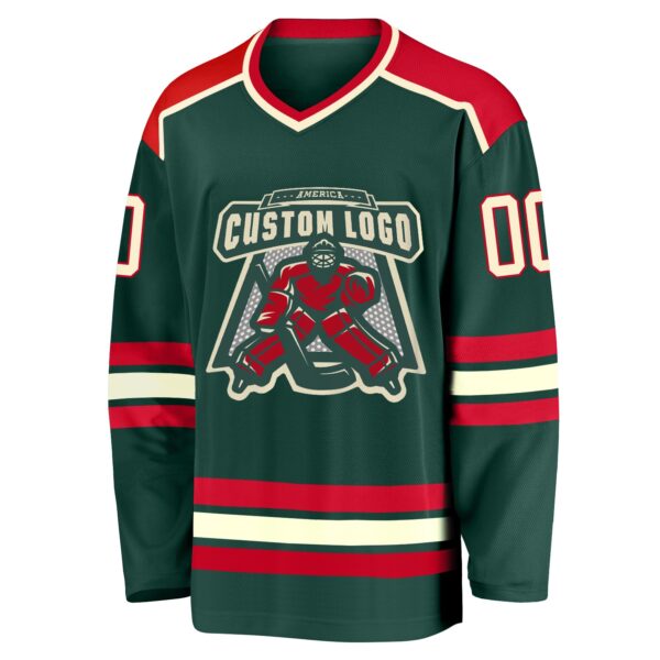 Custom Green Cream-Red Hockey Jersey - Image 2