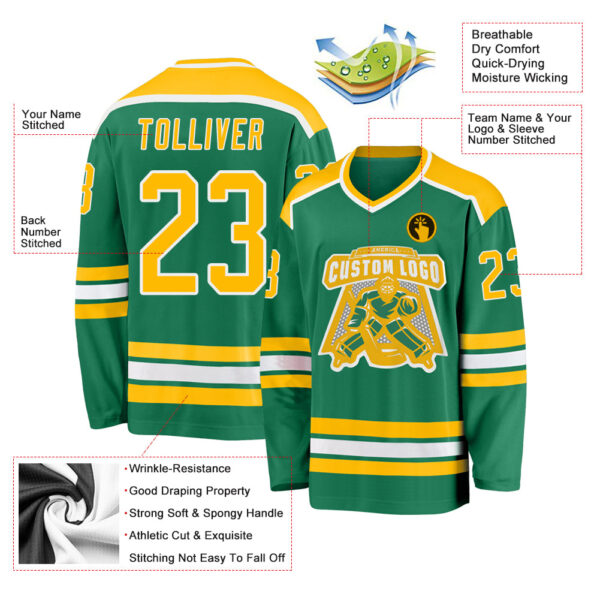 Custom Kelly Green Gold-White Hockey Jersey - Image 3