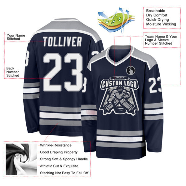 Custom Navy White-Gray Hockey Jersey - Image 3