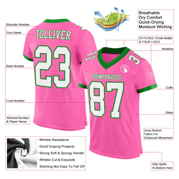 Custom Pink White-Grass Green Mesh Authentic Football Jersey - Image 2