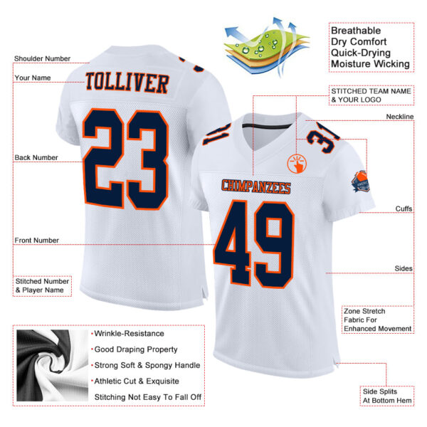 Custom White Navy-Orange Mesh Authentic Football Jersey - Image 2