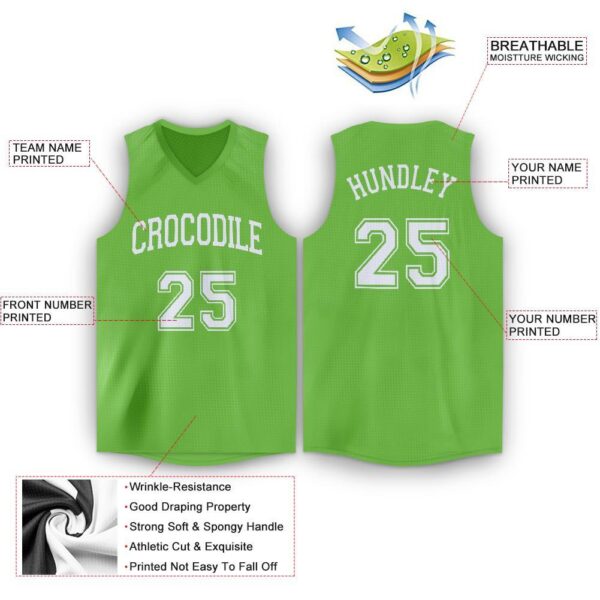 Custom Neon Green White V-Neck Basketball Jersey - Image 2