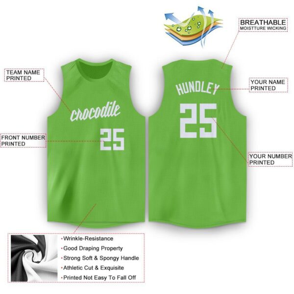 Custom Neon Green White Round Neck Basketball Jersey - Image 2