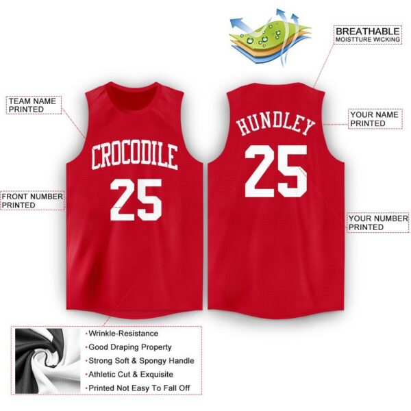 Custom Red White Round Neck Basketball Jersey - Image 2